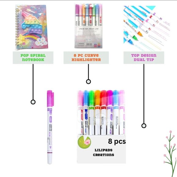 8PCS Curve Highlighter Pen Set, 8 Colors Fine Lines & Bonus1 POP Spiral Notebook - Picture 4 of 4
